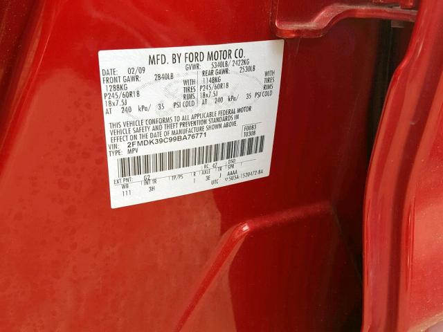 2FMDK39C99BA76771 - 2009 FORD EDGE LIMIT RED photo 10