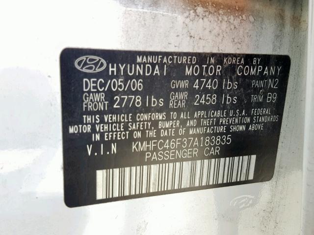 KMHFC46F37A183835 - 2007 HYUNDAI AZERA SE WHITE photo 10