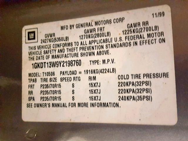 1GKDT13W9Y2198760 - 2000 GMC JIMMY / EN BEIGE photo 10