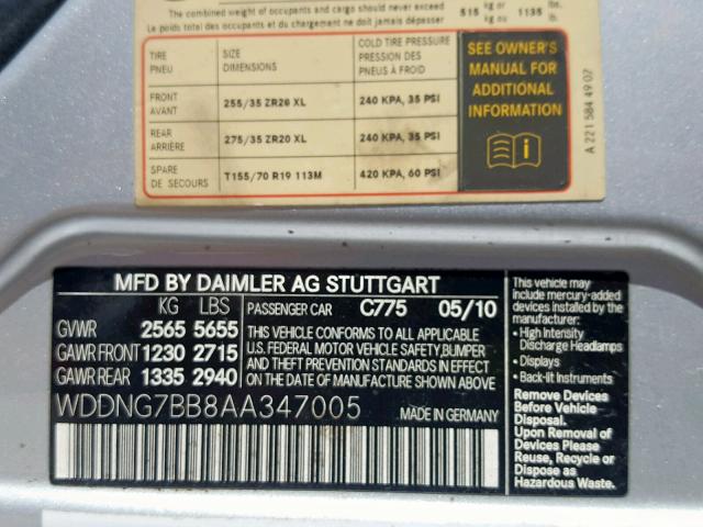 WDDNG7BB8AA347005 - 2010 MERCEDES-BENZ S 550 SILVER photo 10