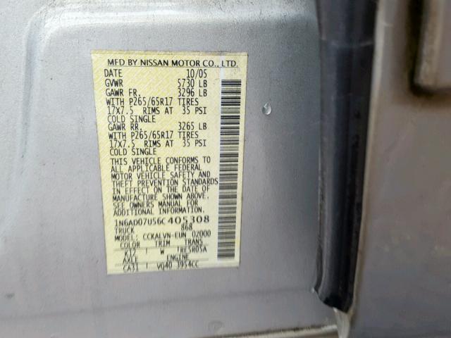 1N6AD07U56C405308 - 2006 NISSAN FRONTIER C SILVER photo 10