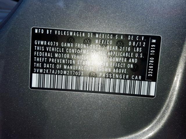 3VW2K7AJ9DM217033 - 2013 VOLKSWAGEN JETTA BASE CHARCOAL photo 10