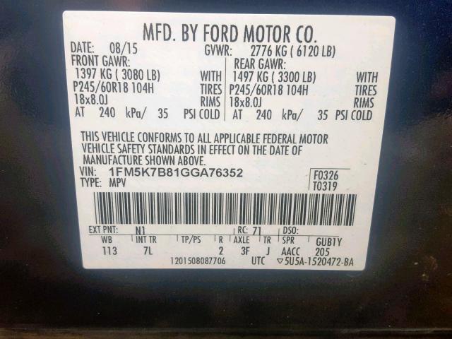 1FM5K7B81GGA76352 - 2016 FORD EXPLORER BLUE photo 10