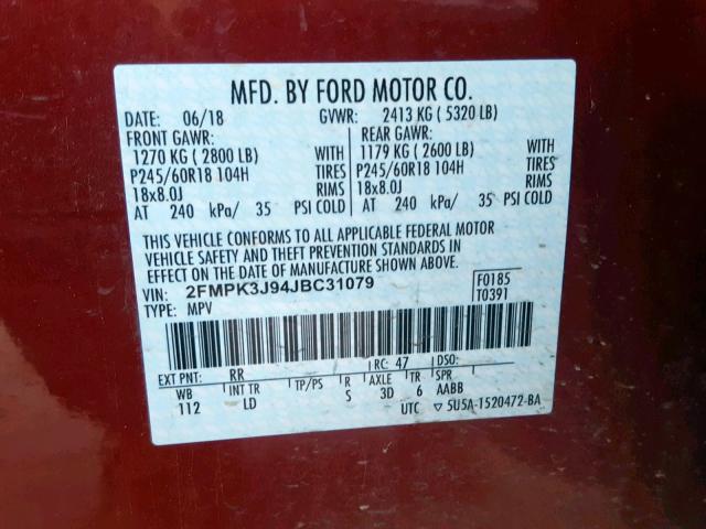 2FMPK3J94JBC31079 - 2018 FORD EDGE SEL RED photo 10