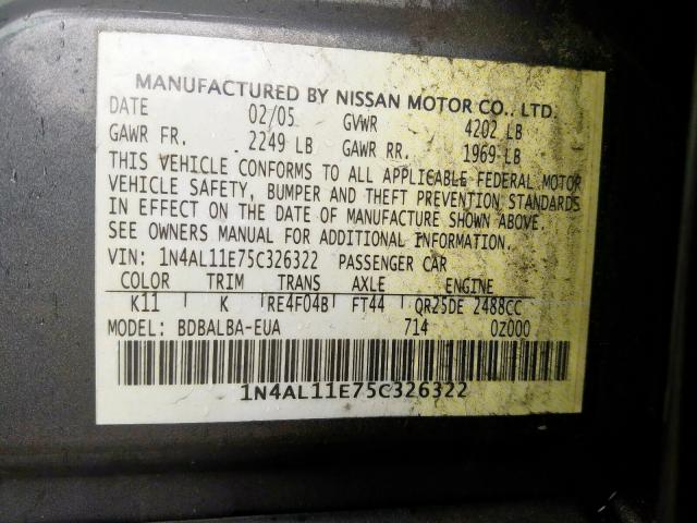 1N4AL11E75C326322 - 2005 NISSAN ALTIMA S  photo 10