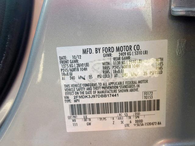 2FMDK3J97DBB17441 - 2013 FORD EDGE SEL SILVER photo 10