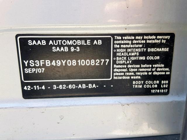 YS3FB49Y081008277 - 2008 SAAB 9-3 2.0T SILVER photo 10