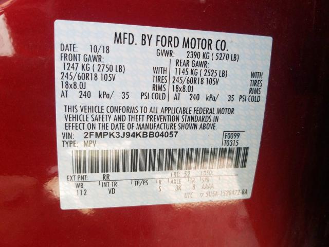 2FMPK3J94KBB04057 - 2019 FORD EDGE SEL  photo 10