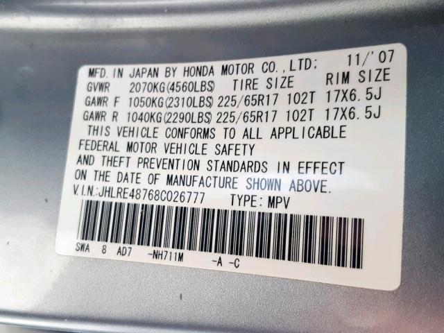 JHLRE48768C026777 - 2008 HONDA CR-V EXL SILVER photo 10