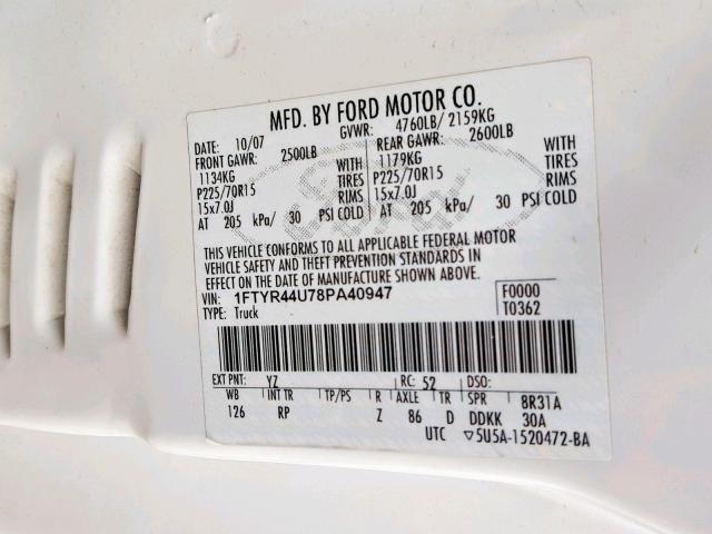 1FTYR44U78PA40947 - 2008 FORD RANGER SUP WHITE photo 10