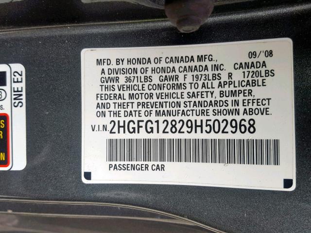 2HGFG12829H502968 - 2009 HONDA CIVIC EX GRAY photo 10