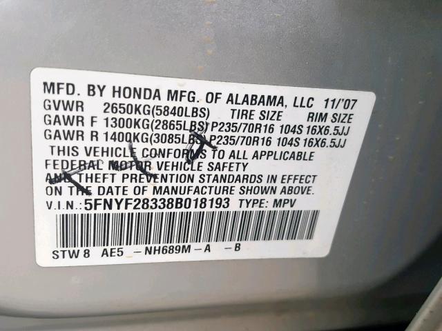 5FNYF28338B018193 - 2008 HONDA PILOT SE SILVER photo 10