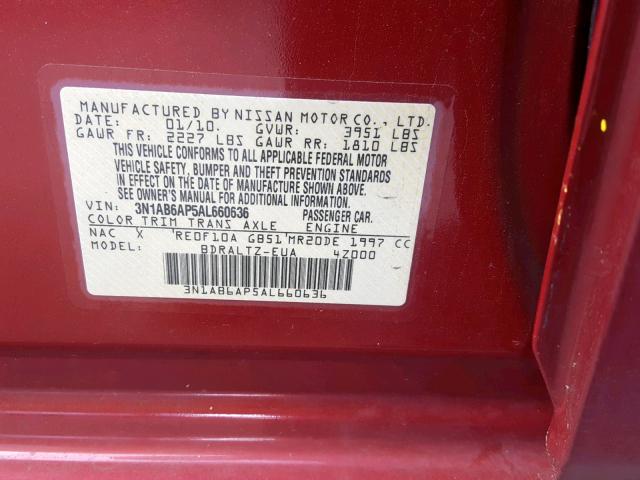 3N1AB6AP5AL660636 - 2010 NISSAN SENTRA 2.0 RED photo 10