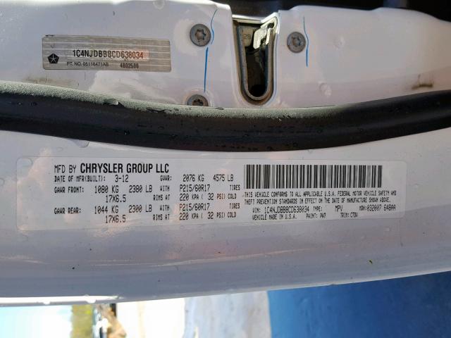 1C4NJDBB8CD638034 - 2012 JEEP COMPASS SP თეთრი ფოტო 10