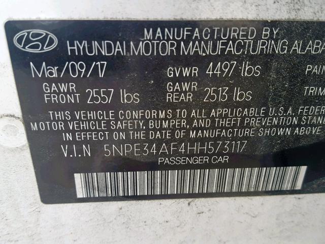 5NPE34AF4HH573117 - 2017 HYUNDAI SONATA SPO WHITE photo 10