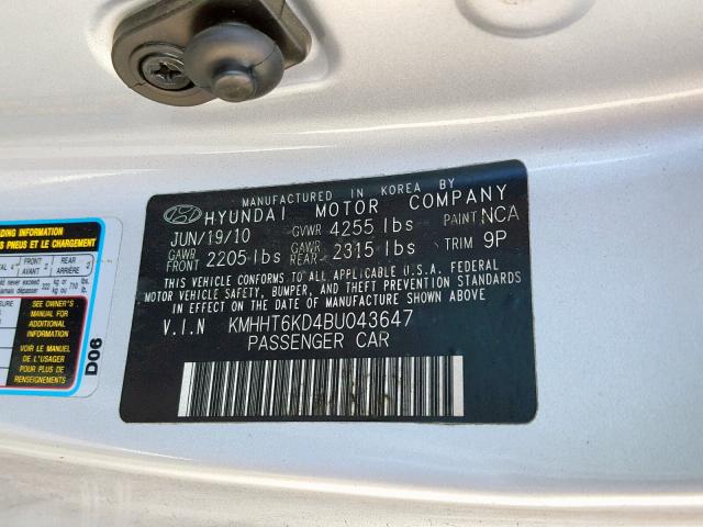 KMHHT6KD4BU043647 - 2011 HYUNDAI GENESIS CO SILVER photo 10