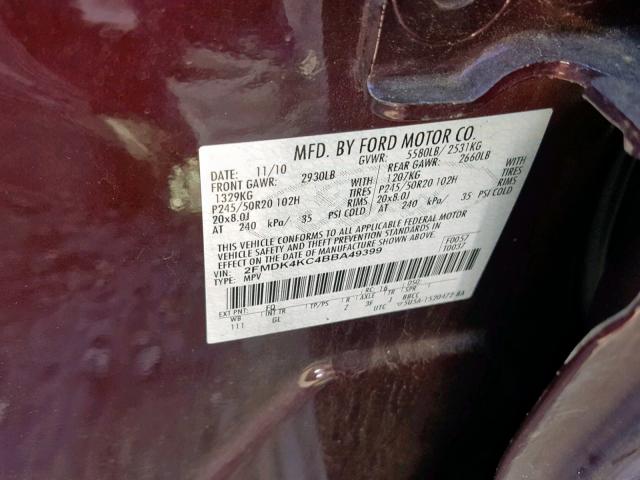 2FMDK4KC4BBA49399 - 2011 FORD EDGE LIMIT BURGUNDY photo 10