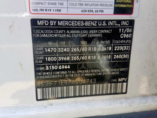 4JGBF71E97A204743 - 2007 MERCEDES-BENZ GL 450 4MA WHITE photo 10