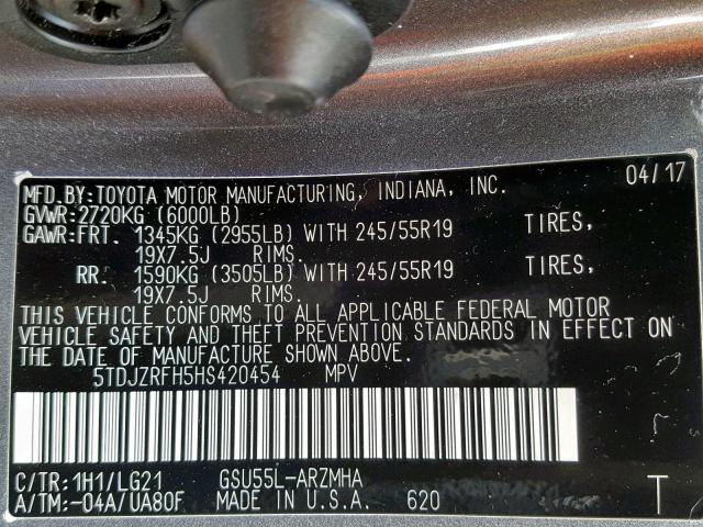 5TDJZRFH5HS420454 - 2017 TOYOTA HIGHLANDER GRAY photo 10