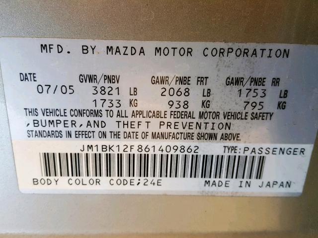 JM1BK12F861409862 - 2006 MAZDA 3 I GOLD photo 10