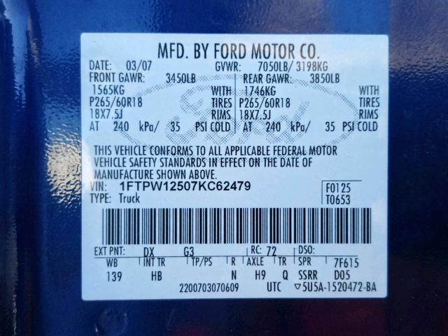 1FTPW12507KC62479 - 2007 FORD F150 SUPER BLUE photo 10