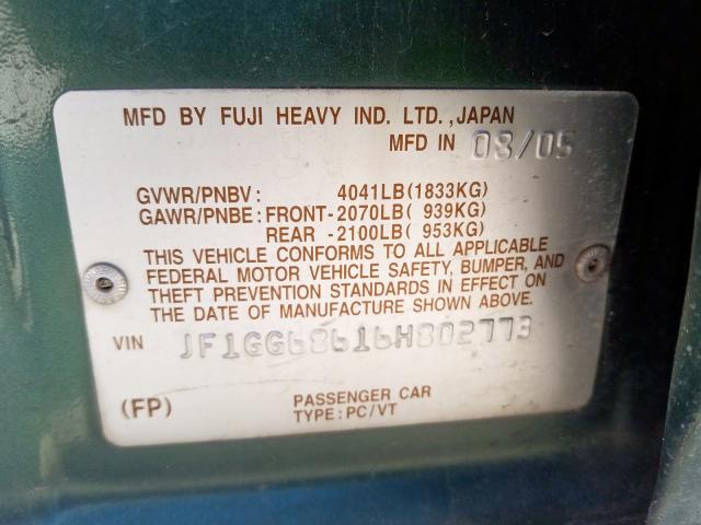 JF1GG68616H802773 - 2006 SUBARU subaru impreza  photo 10