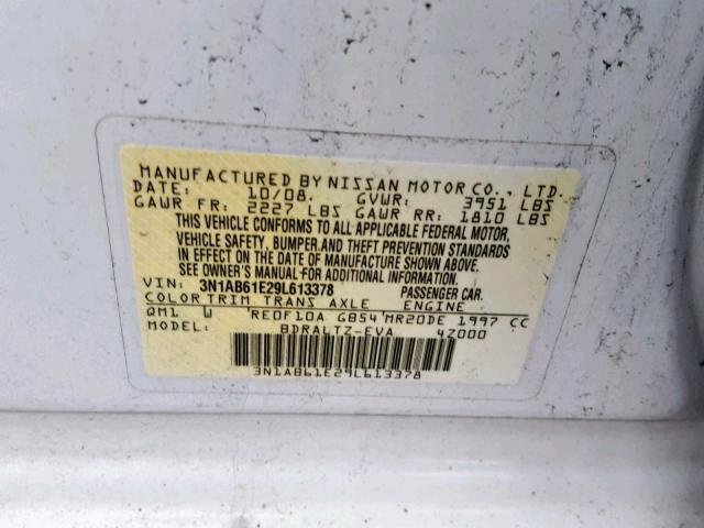 3N1AB61E29L613378 - 2009 NISSAN SENTRA 2.0 WHITE photo 10