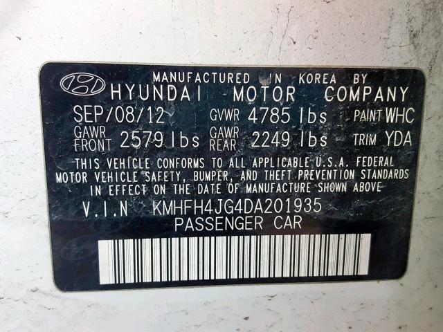 KMHFH4JG4DA201935 - 2013 HYUNDAI AZERA GLS WHITE photo 10