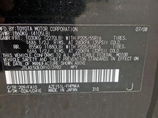 JTLKE50E091073982 - 2009 TOYOTA SCION XB 黑色 照片 10