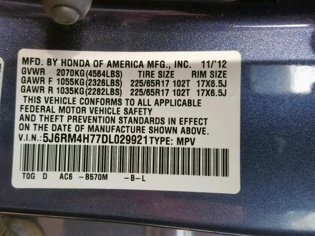 5J6RM4H77DL029921 - 2013 HONDA CR-V EXL BLUE photo 10