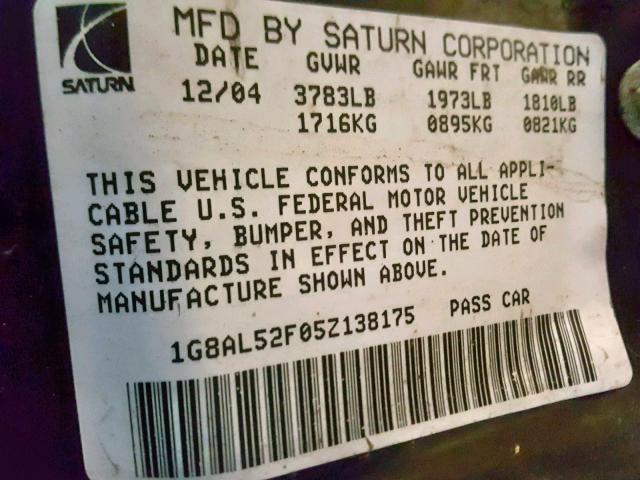 1G8AL52F05Z138175 - 2005 SATURN ION LEVEL RED photo 10