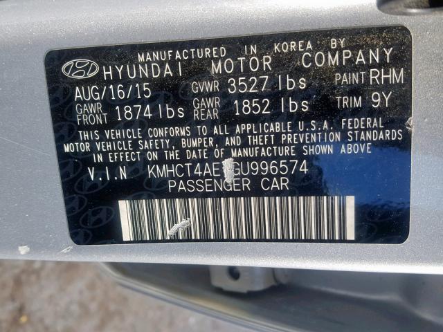 KMHCT4AE1GU996574 - 2016 HYUNDAI ACCENT SE SILVER photo 10