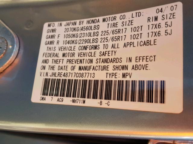 JHLRE48717C087713 - 2007 HONDA CR-V EXL SILVER photo 10