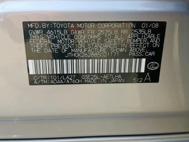 JTHCK262885021171 - 2008 LEXUS IS 250 SILVER photo 10