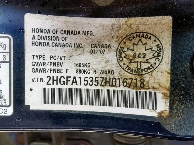 2HGFA15357H016718 - 2007 HONDA CIVIC DX BLUE photo 10