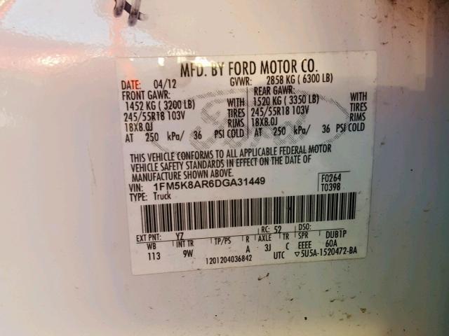 1FM5K8AR6DGA31449 - 2013 FORD EXPLORER P WHITE photo 10