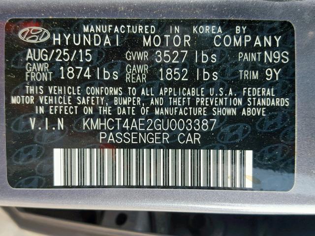 KMHCT4AE2GU003387 - 2016 HYUNDAI ACCENT SE GRAY photo 10