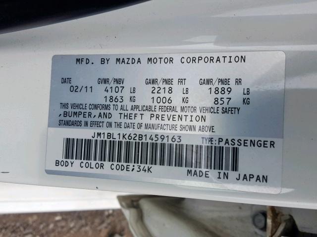 JM1BL1K62B1459163 - 2011 MAZDA 3 S WHITE photo 10