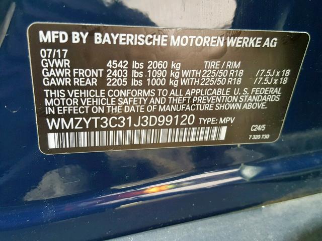 WMZYT3C31J3D99120 - 2018 MINI COOPER S C BLUE photo 10