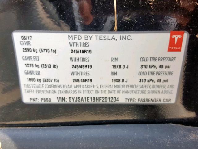 5YJSA1E18HF201204 - 2017 TESLA MODEL S BLACK photo 10