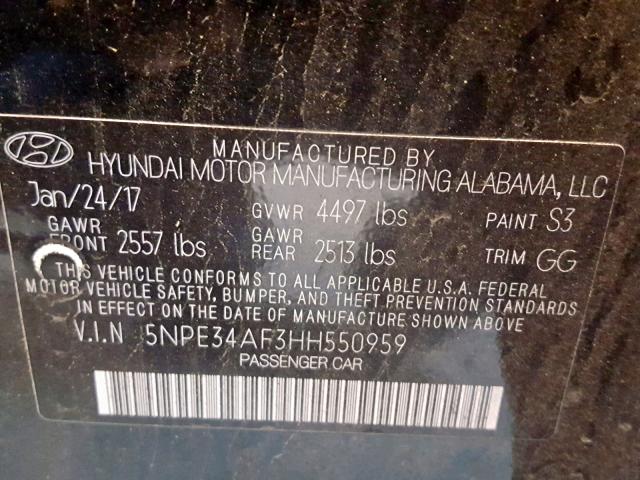 5NPE34AF3HH550959 - 2017 HYUNDAI SONATA SPO BLACK photo 10