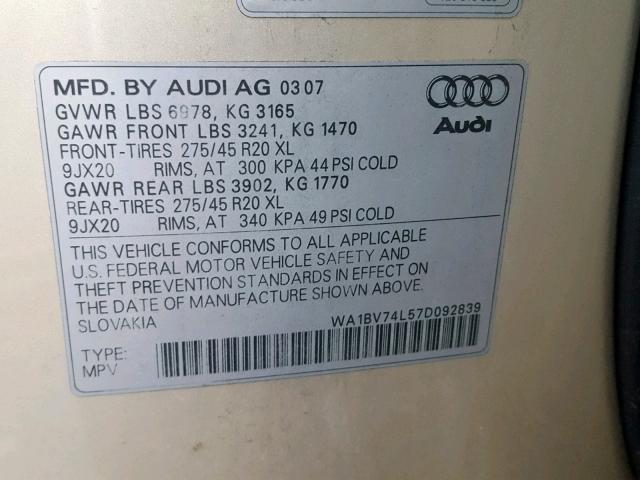 WA1BV74L57D092839 - 2007 AUDI Q7 4.2 QUA BROWN photo 10