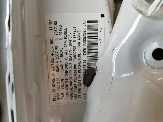 1HGCP26398A036105 - 2008 HONDA ACCORD WHITE photo 10