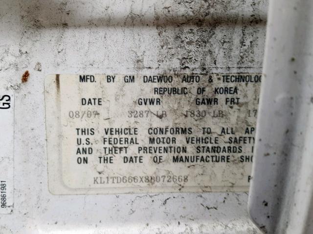 KL1TD666X8B072668 - 2008 CHEVROLET AVEO BASE Ақ фото 10