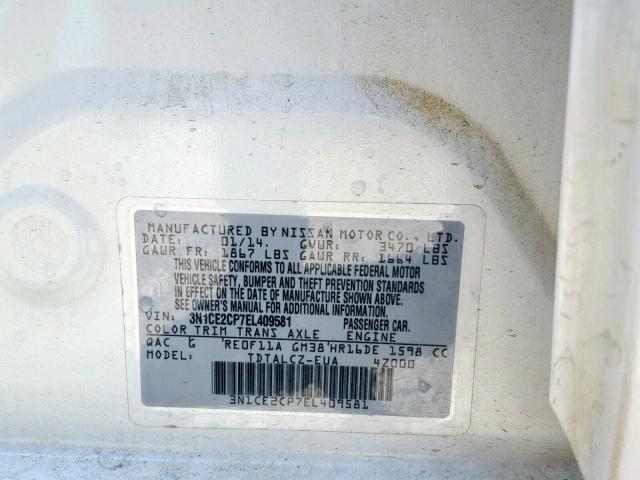 3N1CE2CP7EL409581 - 2014 NISSAN VERSA NOTE WHITE photo 10