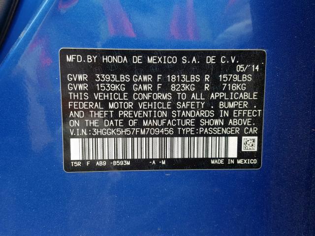 3HGGK5H57FM709456 - 2015 HONDA FIT LX BLUE photo 10