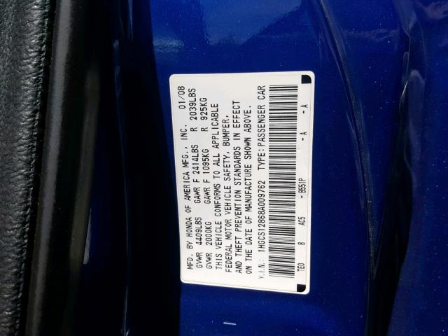 1HGCS12868A009762 - 2008 HONDA ACCORD EXL BLUE photo 10