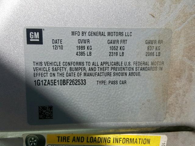 1G1ZA5E10BF262533 - 2011 CHEVROLET MALIBU LS SILVER photo 10