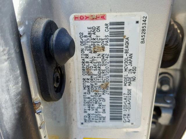 JTHBF30G720072742 - 2002 LEXUS ES 300 SILVER photo 10