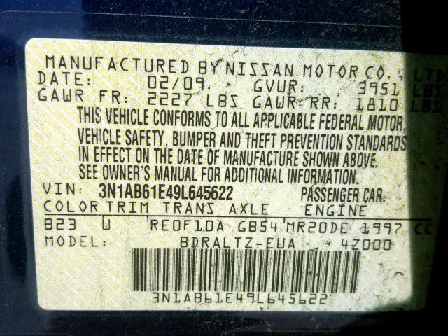 3N1AB61E49L645622 - 2009 NISSAN SENTRA 2.0 BLUE photo 10